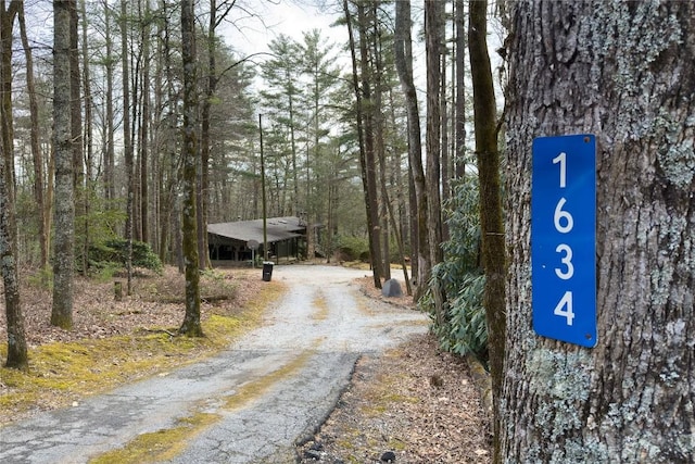 view of street featuring driveway and a wooded view