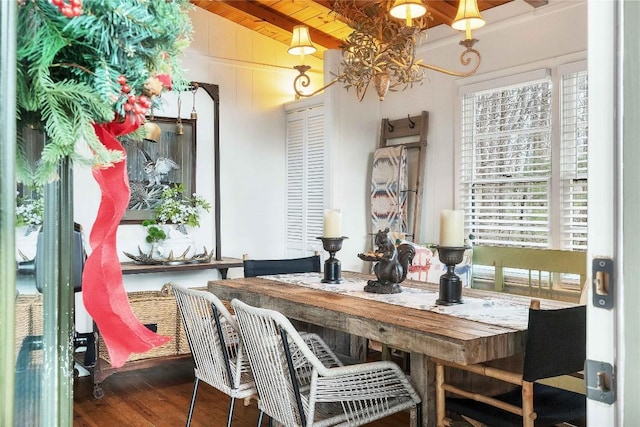 dining space with lofted ceiling, wood ceiling, a chandelier, and wood finished floors