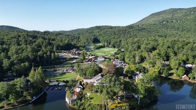 drone / aerial view featuring a water and mountain view