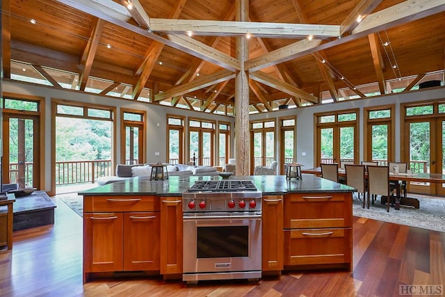 kitchen featuring plenty of natural light, light wood-type flooring, premium range, and wooden ceiling