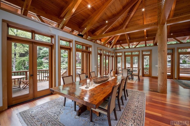 sunroom featuring lofted ceiling with beams, french doors, and wood ceiling