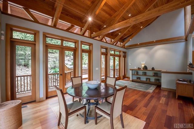 dining space featuring high vaulted ceiling, wooden ceiling, baseboards, french doors, and light wood-type flooring