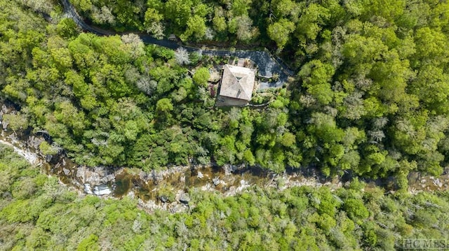 birds eye view of property featuring a wooded view