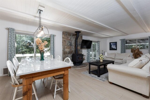 142 Wheatstone Dr, Glenville, NC 28736 - living room featuring light wood-type flooring, a wood stove, and a wood ceiling with exposed beams
