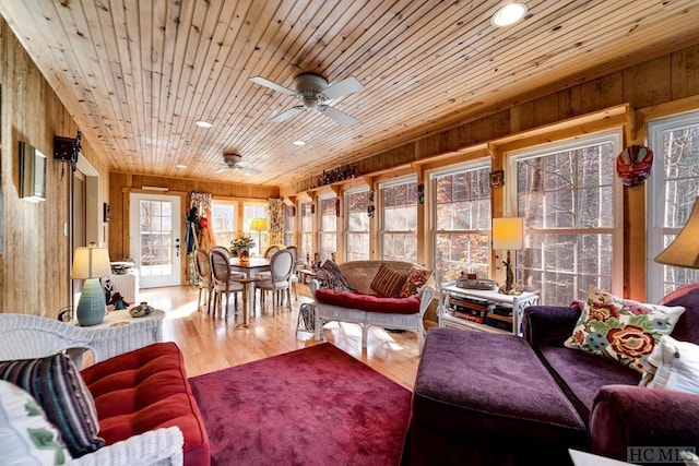 interior space featuring ceiling fan and wooden ceiling