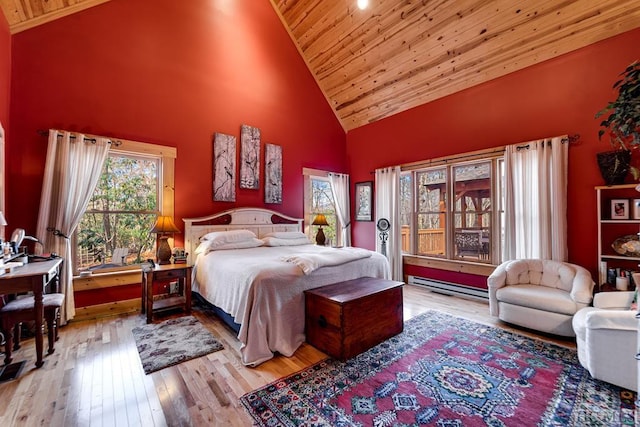 bedroom featuring a baseboard heating unit, high vaulted ceiling, wooden ceiling, and light hardwood / wood-style flooring