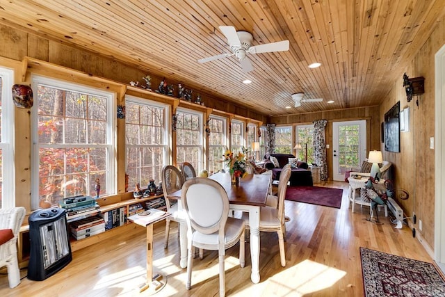 sunroom / solarium featuring ceiling fan and wooden ceiling