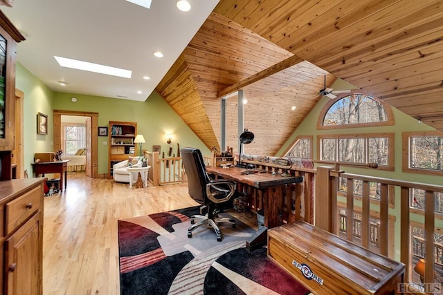 office featuring light wood-type flooring, wooden ceiling, and lofted ceiling with skylight