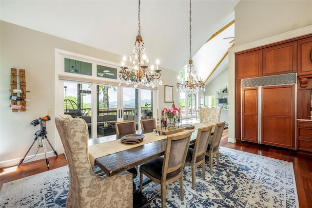 dining room with a chandelier, dark wood-style floors, high vaulted ceiling, baseboards, and beamed ceiling