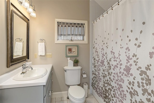full bath with tile patterned floors, vanity, baseboards, toilet, and a shower with shower curtain