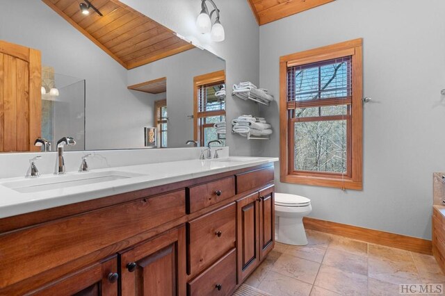 bathroom featuring toilet, vanity, vaulted ceiling, and wood ceiling