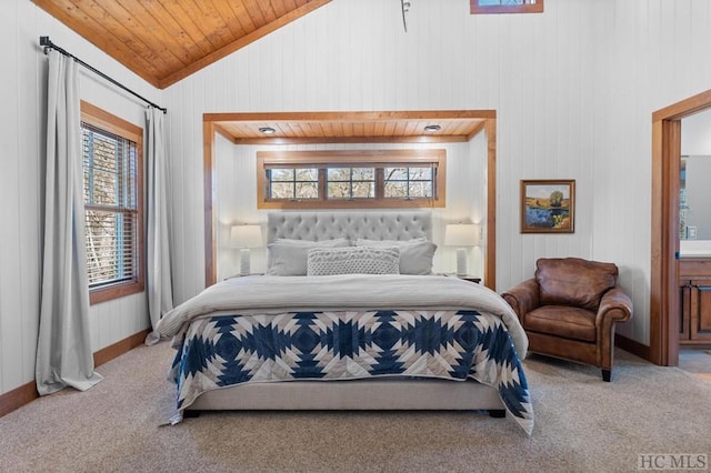 bedroom featuring multiple windows, vaulted ceiling, carpet flooring, and wood ceiling