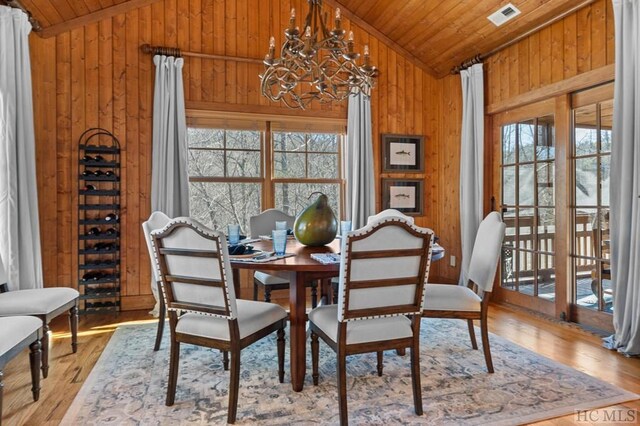 dining space with wooden walls, light hardwood / wood-style floors, vaulted ceiling, a chandelier, and wooden ceiling