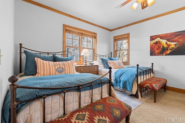 bedroom with ceiling fan, light colored carpet, and ornamental molding