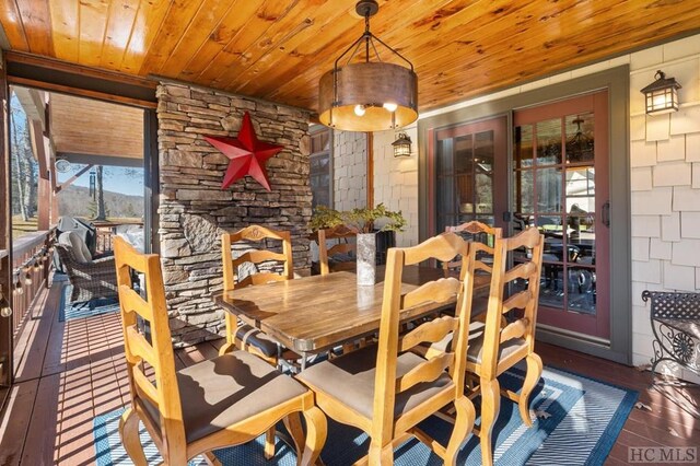 dining space with dark wood-type flooring and wood ceiling