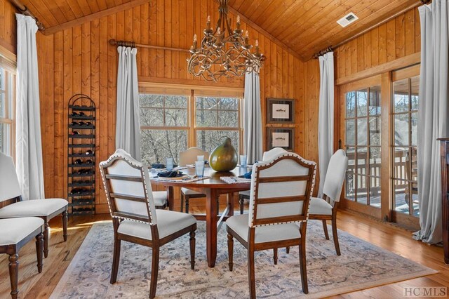 dining area with light wood-type flooring, vaulted ceiling, wood ceiling, and wooden walls