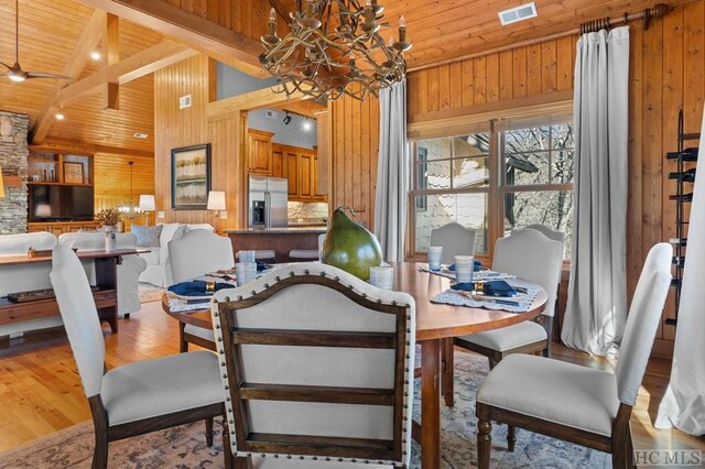 dining room with light wood-type flooring, beamed ceiling, wooden walls, and wood ceiling