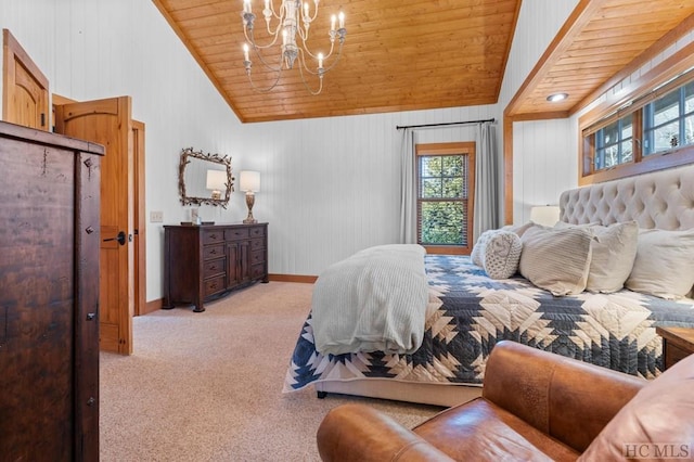 bedroom with light carpet, high vaulted ceiling, wood ceiling, and a notable chandelier