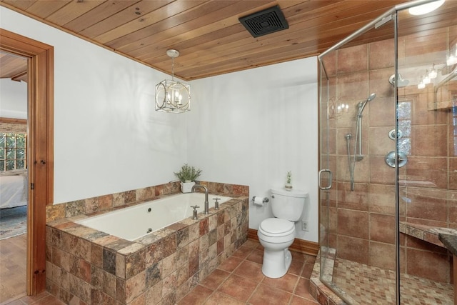 bathroom featuring separate shower and tub, tile patterned floors, wood ceiling, and toilet