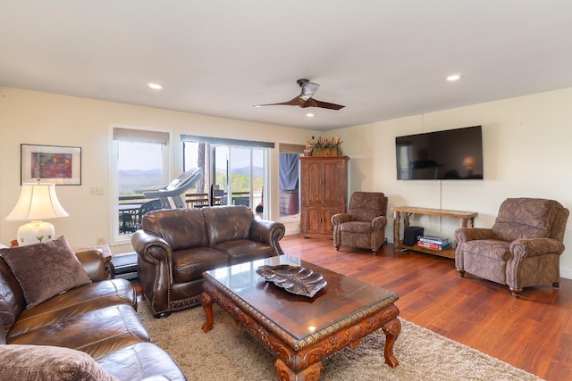 129 Skyline Park Dr, Franklin, NC 28734 - living area featuring wood finished floors, a ceiling fan, and recessed lighting