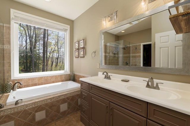 129 Skyline Park Dr, Franklin, NC 28734 - full bathroom with a stall shower, a bath, double vanity, and tile patterned flooring
