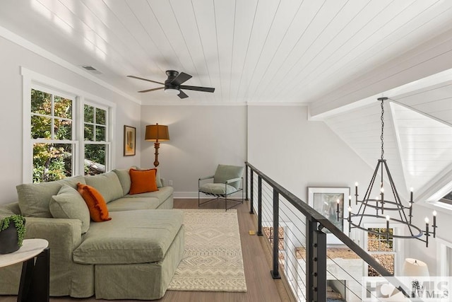 living room with a chandelier, wood ceiling, wood finished floors, ceiling fan, and beam ceiling