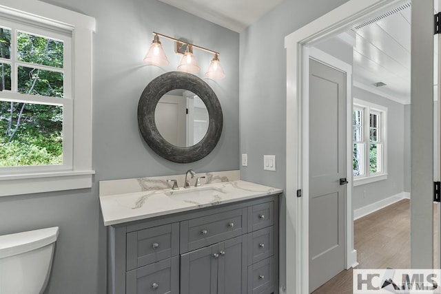 bathroom featuring wood finished floors, toilet, vanity, and baseboards