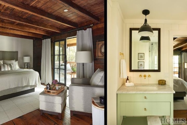 bedroom with sink, wooden ceiling, dark hardwood / wood-style floors, and beam ceiling