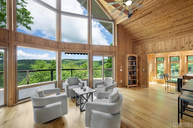 living room featuring ceiling fan, wooden ceiling, high vaulted ceiling, and light hardwood / wood-style flooring