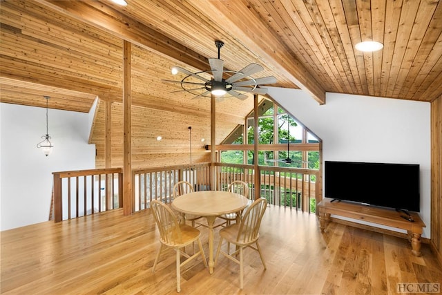 dining space featuring wood ceiling, wood-type flooring, lofted ceiling with beams, and ceiling fan