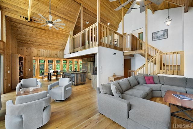 living room featuring ceiling fan, wooden ceiling, high vaulted ceiling, and light hardwood / wood-style flooring