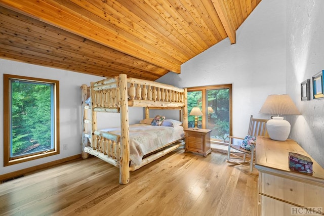 bedroom with lofted ceiling, light wood-type flooring, and wood ceiling