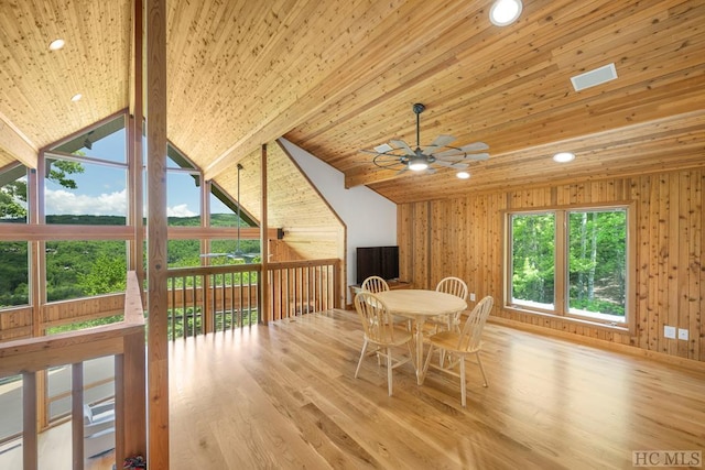 dining space with wood ceiling, lofted ceiling with beams, light hardwood / wood-style floors, and ceiling fan