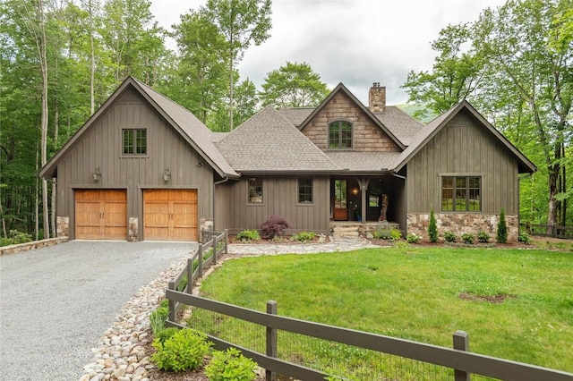 510 Boiling Springs Rd, Sapphire, NC 28774 - view of front facade featuring a chimney, roof with shingles, a garage, gravel driveway, and stone siding