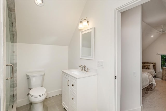 510 Boiling Springs Rd, Sapphire, NC 28774 - ensuite bathroom with vaulted ceiling, vanity, a ceiling fan, and a shower with door