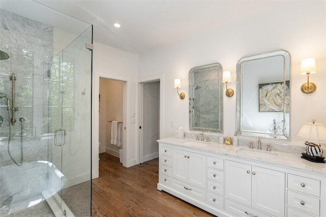 510 Boiling Springs Rd, Sapphire, NC 28774 - bathroom featuring double vanity, a shower stall, and wood finished floors