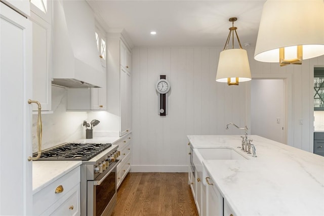 510 Boiling Springs Rd, Sapphire, NC 28774 - kitchen featuring high end stainless steel range oven, custom exhaust hood, dark wood-type flooring, white cabinetry, and hanging light fixtures
