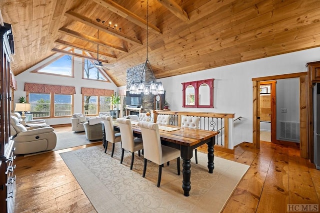 dining space featuring high vaulted ceiling, light hardwood / wood-style flooring, wood ceiling, and beam ceiling