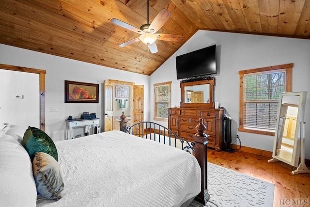 bedroom featuring lofted ceiling, hardwood / wood-style floors, wooden ceiling, and ceiling fan