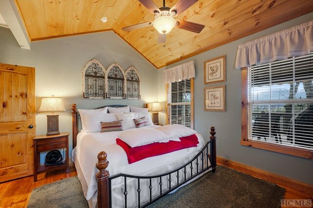 bedroom with ceiling fan, vaulted ceiling, wood-type flooring, and wood ceiling