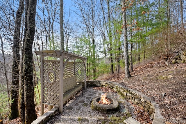 view of yard with a fire pit