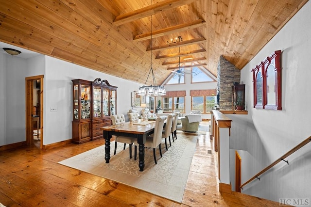 dining space featuring high vaulted ceiling, light hardwood / wood-style floors, wood ceiling, beamed ceiling, and an inviting chandelier