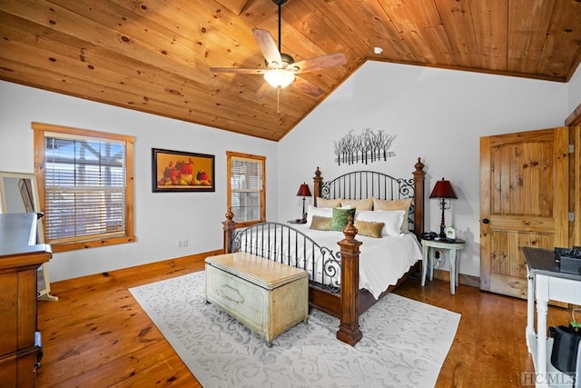 bedroom with lofted ceiling, wood-type flooring, and wooden ceiling