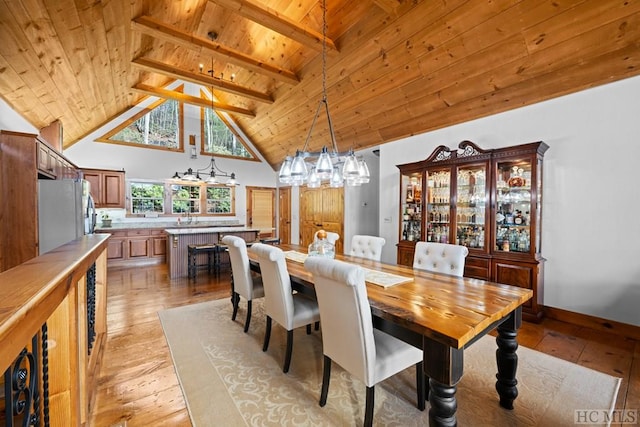 dining area with beam ceiling, high vaulted ceiling, light hardwood / wood-style flooring, and wood ceiling