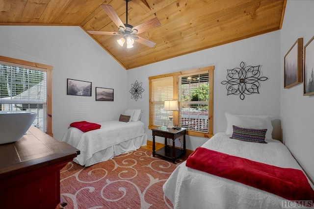 bedroom featuring multiple windows, lofted ceiling, wood-type flooring, and wooden ceiling