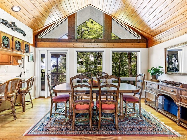 dining room with high vaulted ceiling, wooden ceiling, and light hardwood / wood-style floors