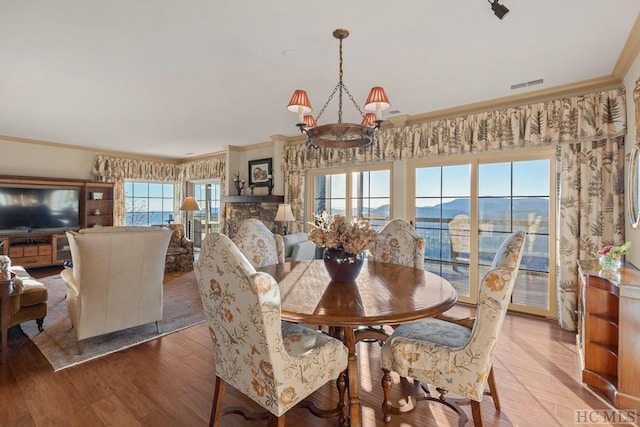 dining room featuring crown molding, a mountain view, and light wood-type flooring