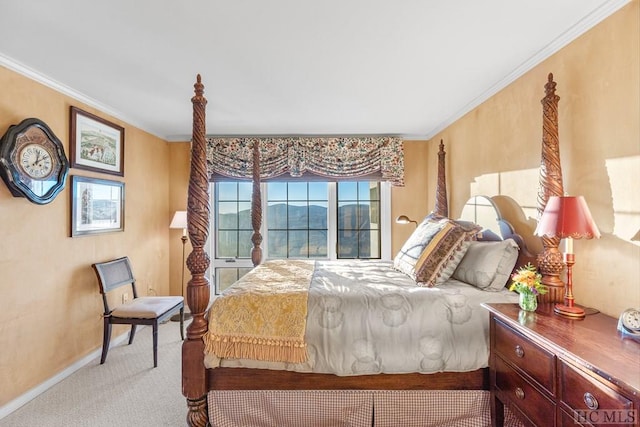 carpeted bedroom with crown molding