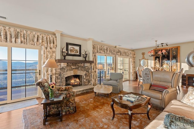 living room featuring wood-type flooring, a mountain view, ornamental molding, and a fireplace