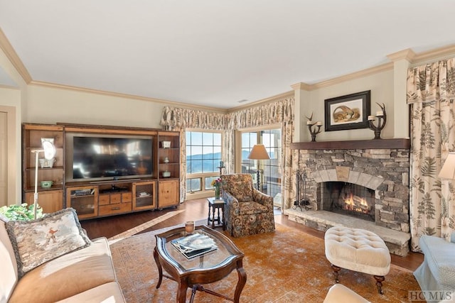 living room featuring hardwood / wood-style floors, a fireplace, and ornamental molding